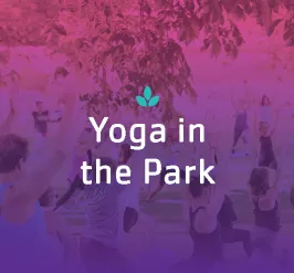 Title: "Yoga in the Park" Background image of a large group of people doing yoga in a green park